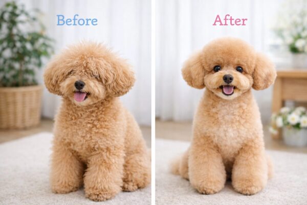 トイプードルの毛を伸ばしっぱなしにした状態とトリミング後の比較