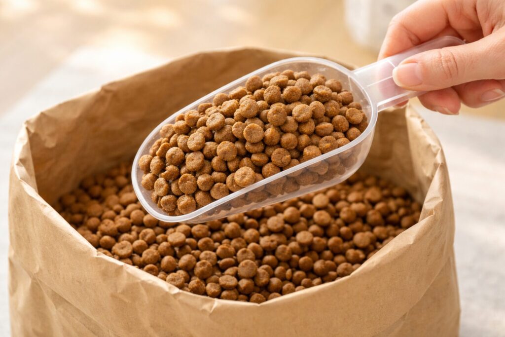 ドッグフードをスプーンですくう給餌量の目安