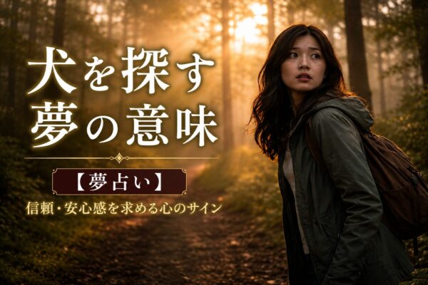 森の中で不安そうに犬を探している女性と「犬を探す夢の意味【夢占い】」の文字が入ったアイキャッチ画像