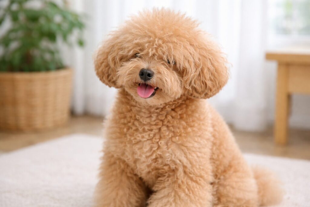 毛が伸びすぎて目にかかっているトイプードルの状態