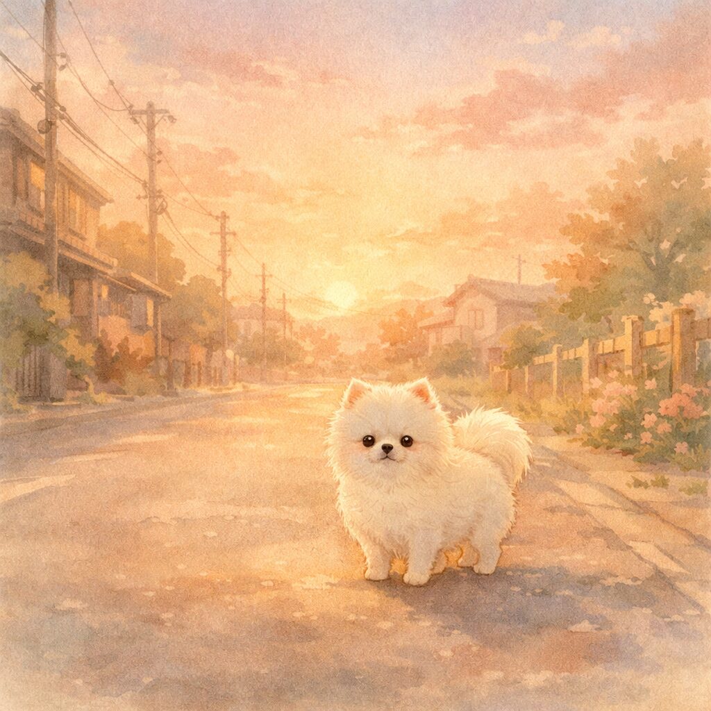 迷子の犬の夢のイメージ|朝日を浴びる小さな犬