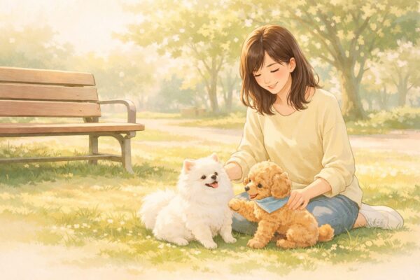 公園で犬と遊ぶ女性のイラスト(犬と戯れる夢のイメージ)