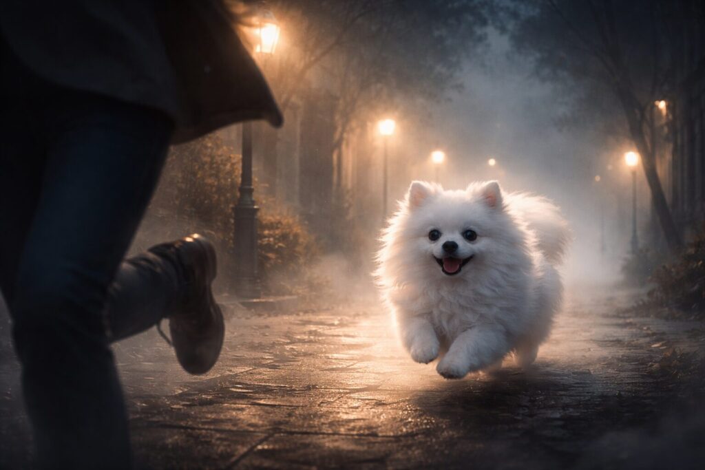 白い犬が人のほうへ走ってくる夢をイメージした幻想的な白い犬