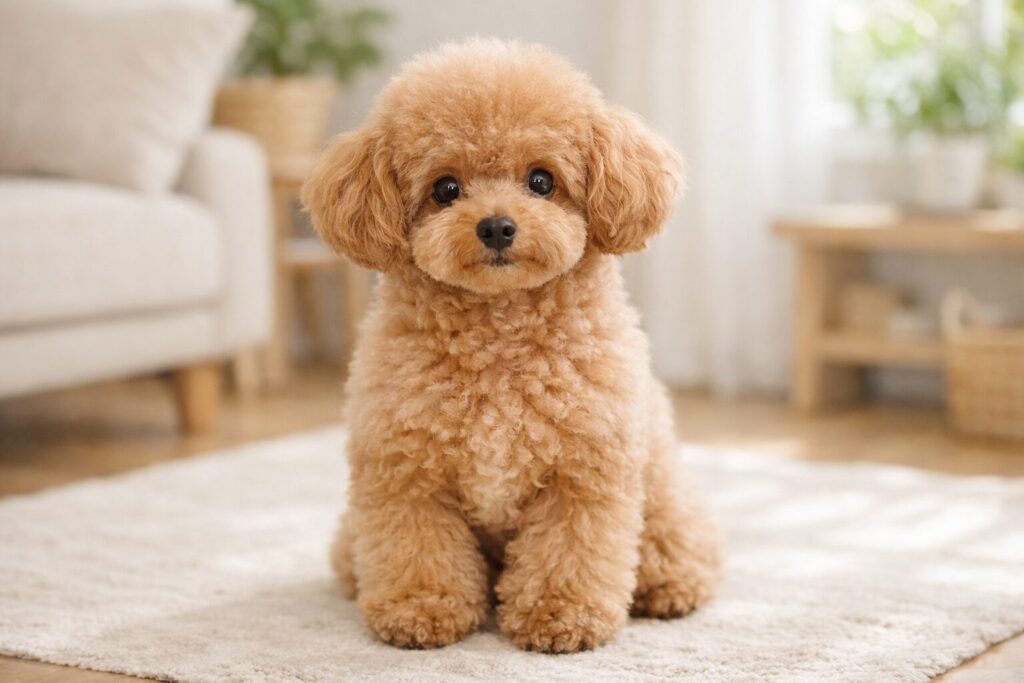 トイプードルがカメラを見つめて座っている様子