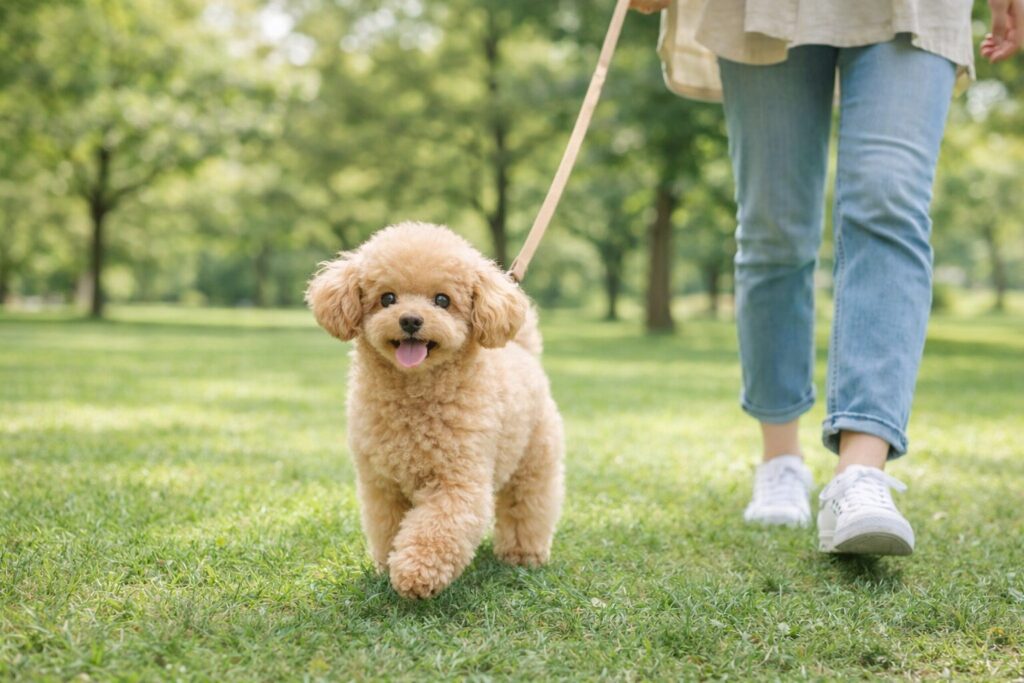 公園を元気に散歩するトイプードル