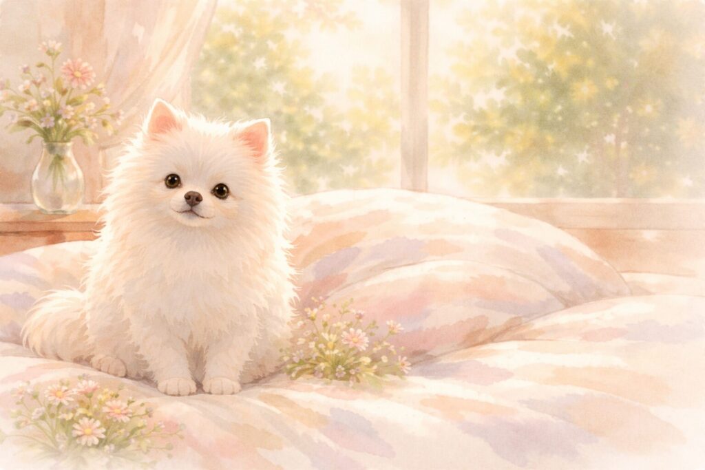やわらかい朝の光に包まれた白い犬のイラスト