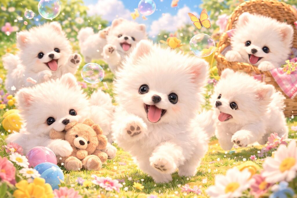 たくさんの白い子犬が楽しそうに集まっている夢のイメージ