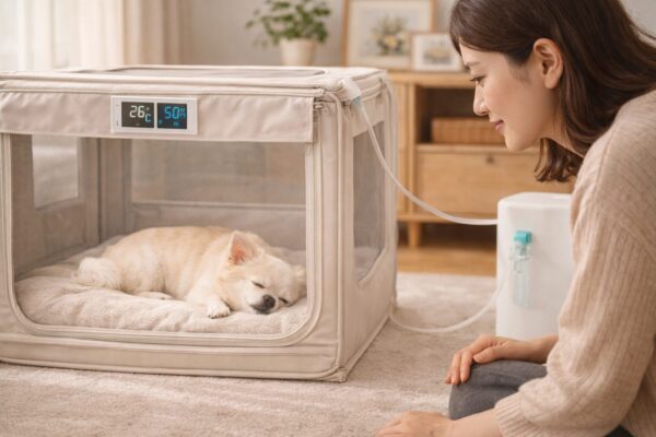 犬が酸素室の中で安静にしている様子