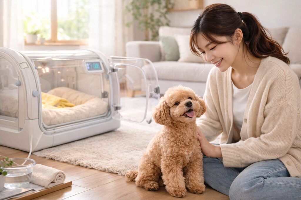 酸素室から出て飼い主のそばで落ち着いて過ごす犬の様子