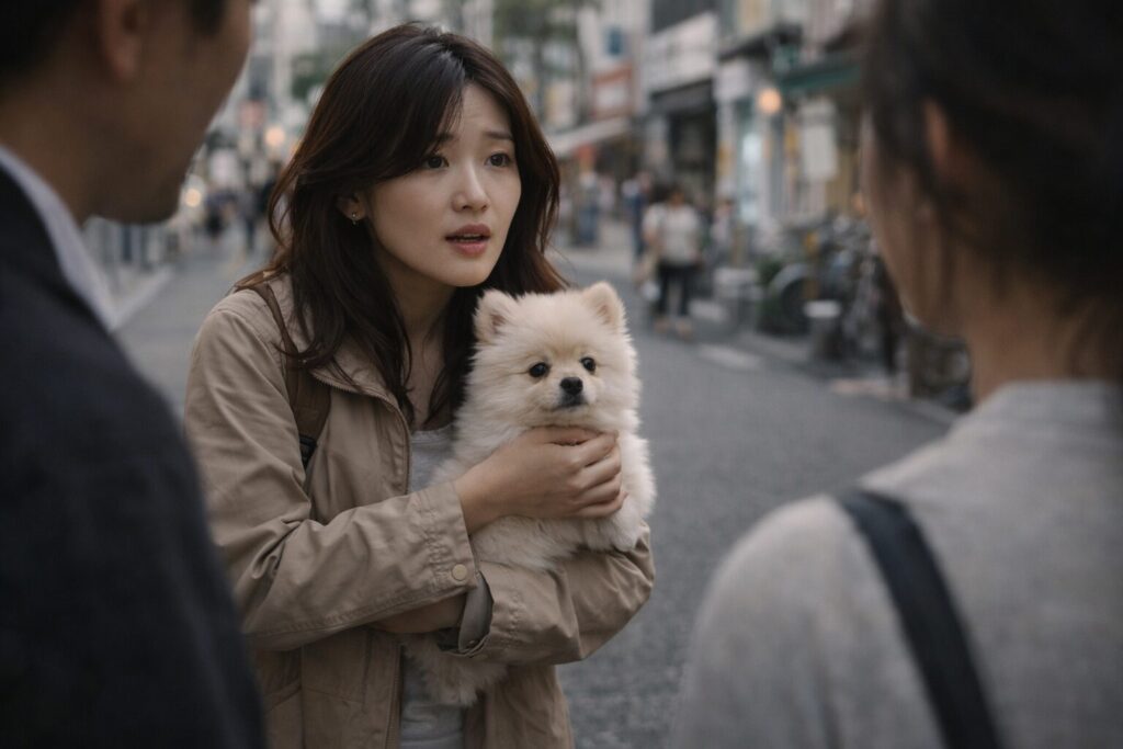 迷子の犬を抱えて飼い主を探す日本人女性