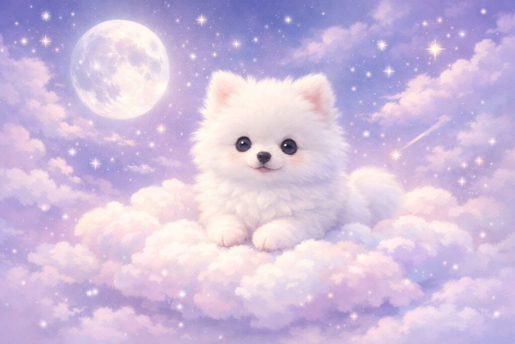 白い子犬の夢をイメージした幻想的なビジュアル