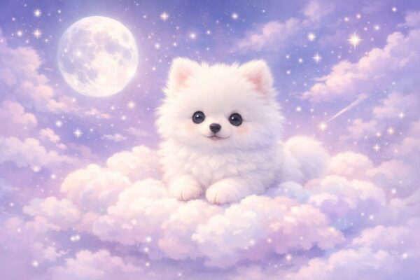 白い子犬の夢をイメージした幻想的なビジュアル