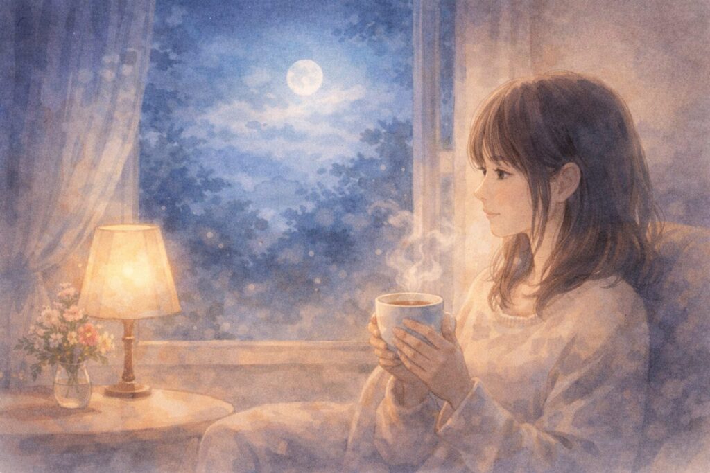 夜の窓辺で温かい飲み物を飲む人物の落ち着いたイラスト