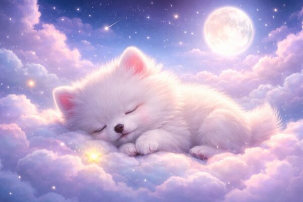 星空と月明かりの下で雲の上に眠る子犬の幻想的なイメージ