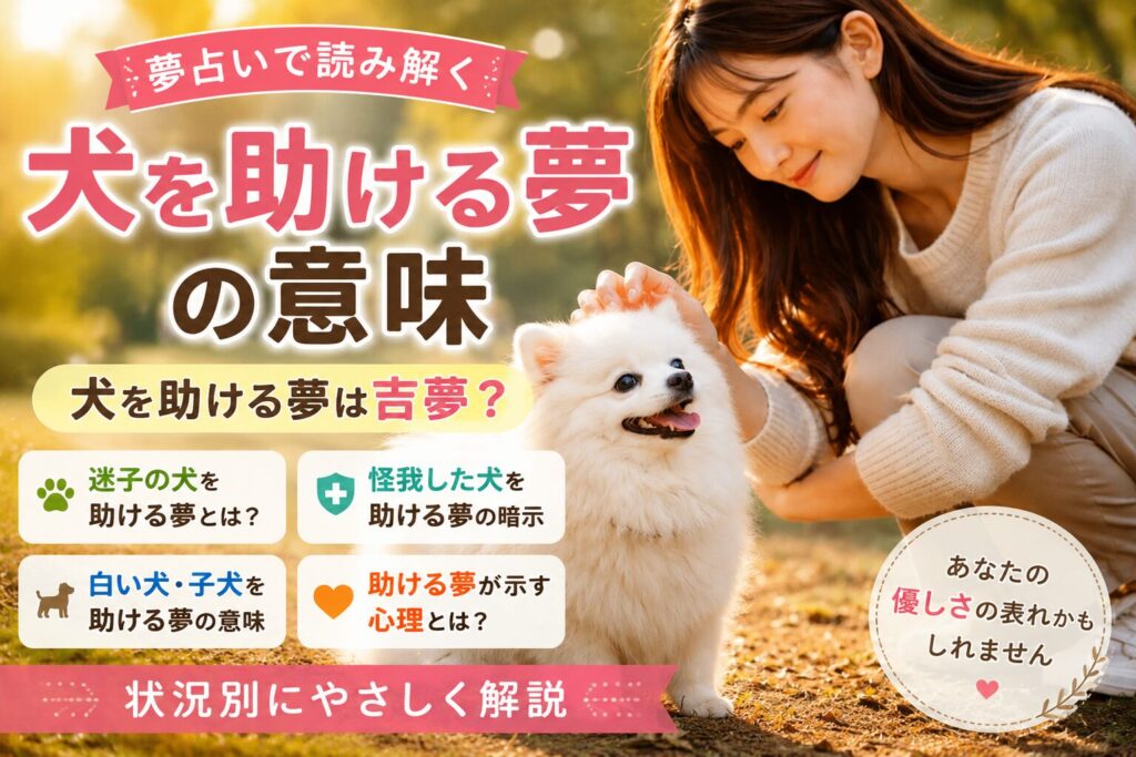 犬を助ける夢の意味を解説するアイキャッチ画像|白い犬をやさしく助ける女性のイメージ