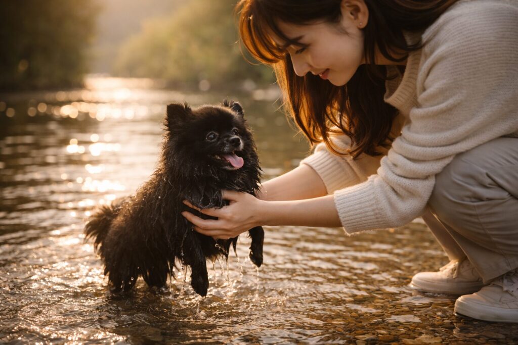 水辺で犬を助ける人の写実的なイメージ