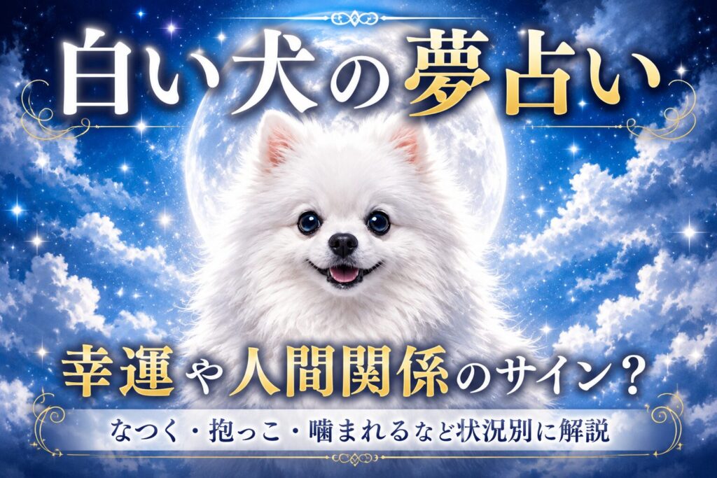 月夜に輝く白い犬と「白い犬の夢占い」の文字が入った夢占い記事のアイキャッチ画像
