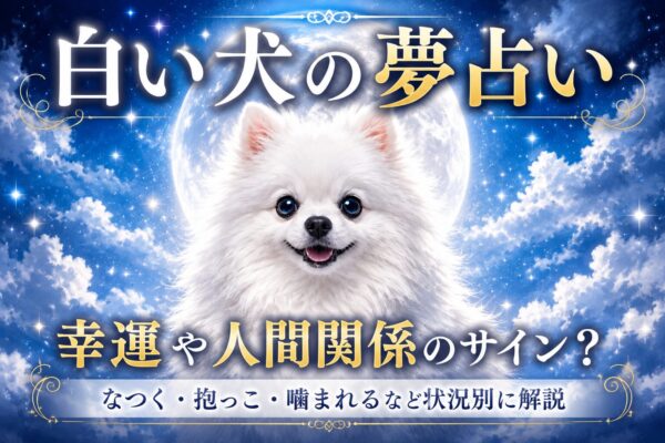 月夜に輝く白い犬と「白い犬の夢占い」の文字が入った夢占い記事のアイキャッチ画像
