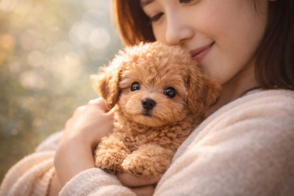 やさしく子犬を抱っこしている手元のあたたかいイメージ