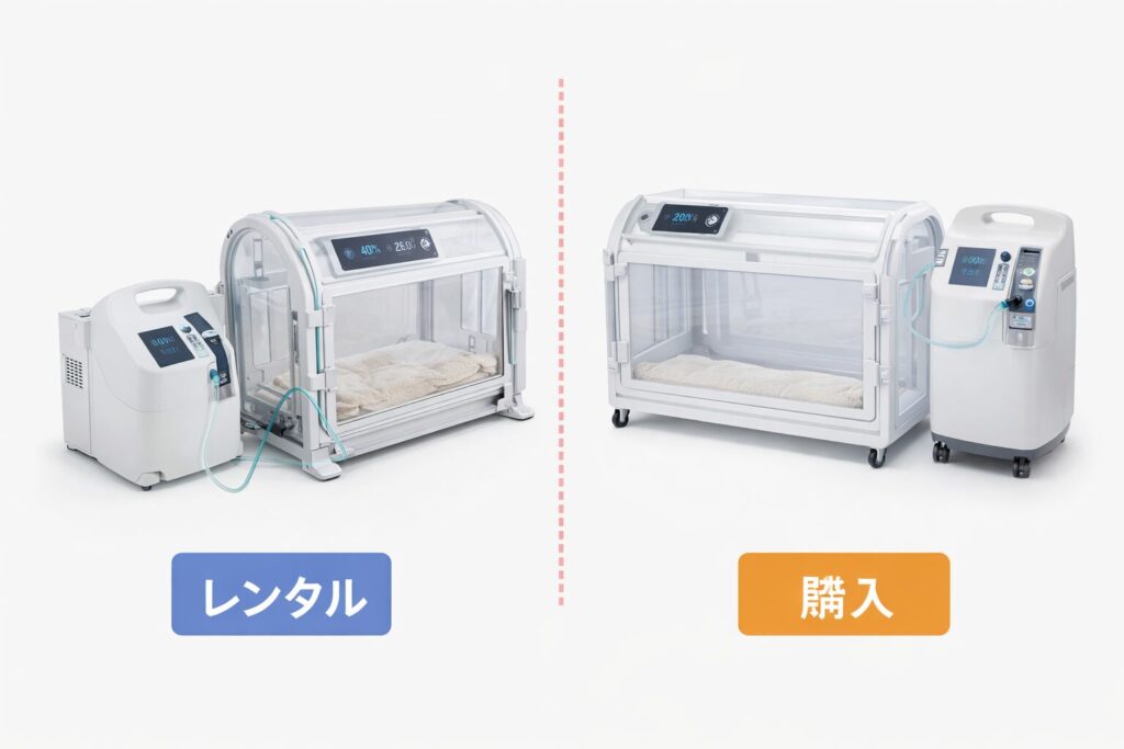 犬の酸素室のレンタルと購入を比較するイメージ