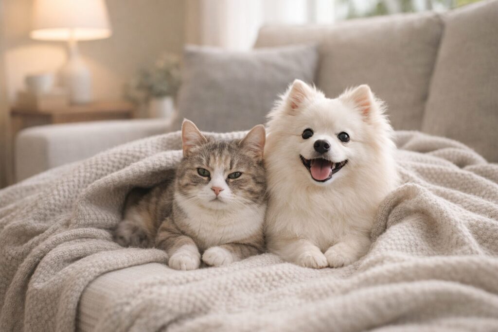 猫と犬が並んでくつろぐイメージ(調和の象徴)