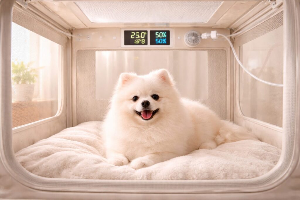 酸素室の中で落ち着いている犬の様子