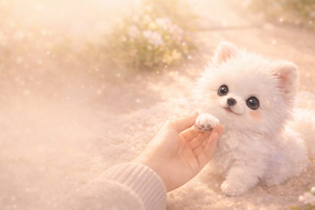 人の手に助けられる白い子犬の夢をイメージした場面