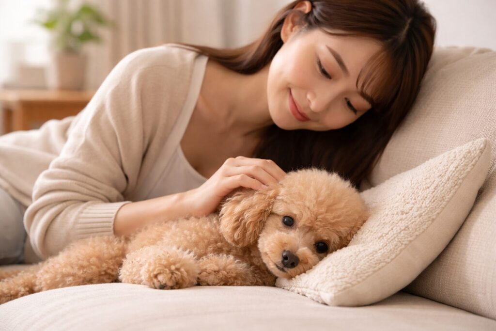 少し元気がない様子の犬と心配する飼い主