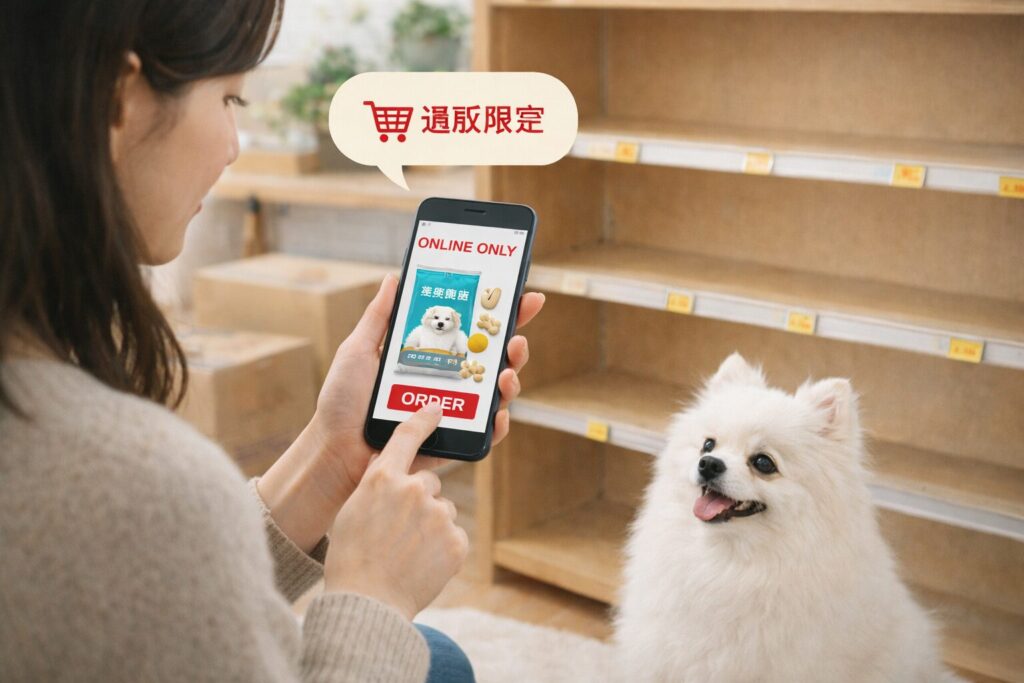 モグワンが実店舗では販売されておらず通販限定であることを示すイメージ