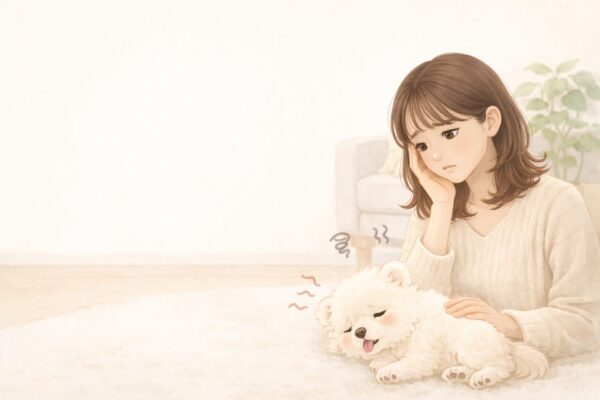 下痢が続いて心配そうに犬の様子を見る飼い主