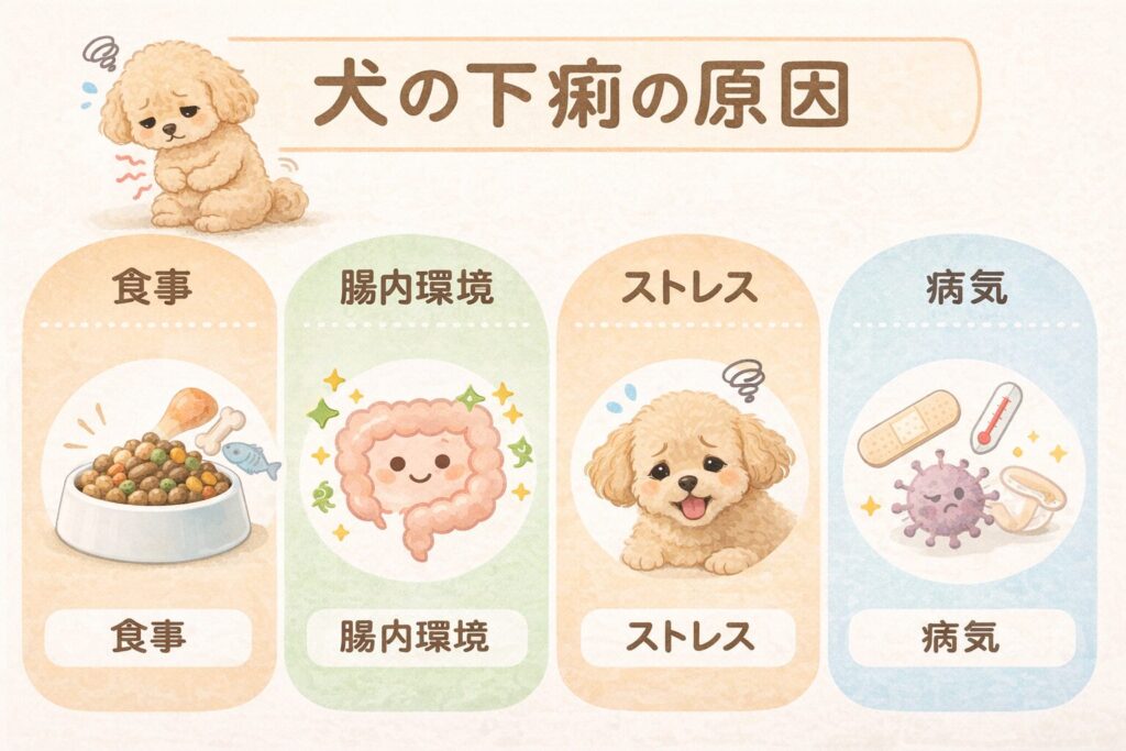 犬の下痢を繰り返す原因タイプ(食事・腸内環境・ストレス・病気)の図
