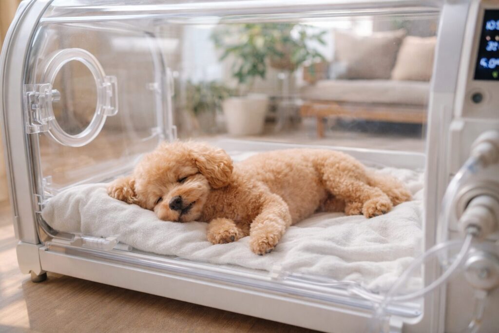 犬が酸素室の中で落ち着いて休んでいる様子
