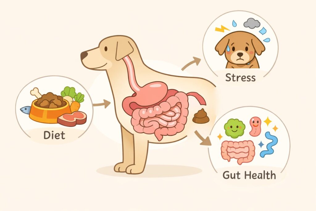 犬の下痢を繰り返す原因(食事・腸内環境・ストレス)のイメージ