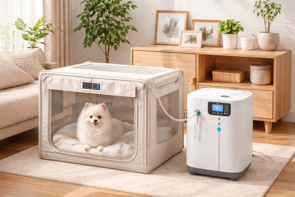 家庭で使用する犬用酸素室と機器
