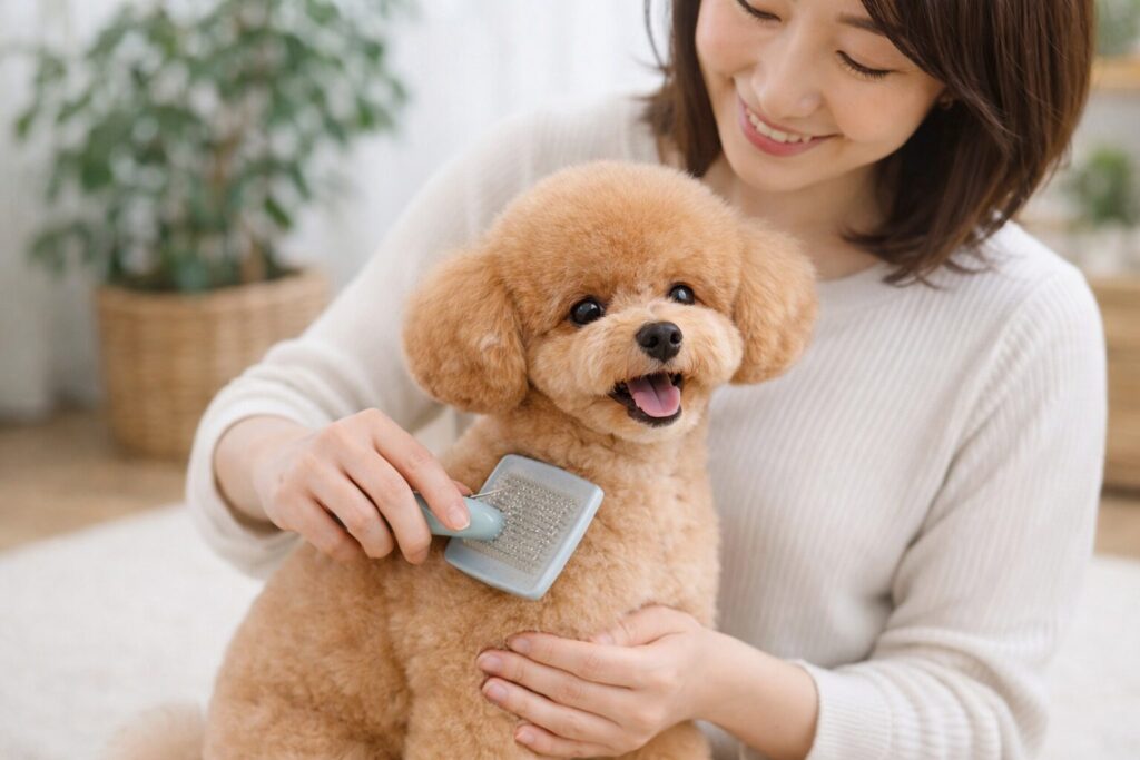 トイプードルをブラッシングして毛玉を防いでいる様子