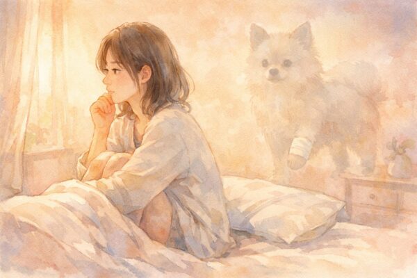 犬が怪我する夢を見て不安そうに考え込む人物と、やわらかく浮かぶ犬のシルエット