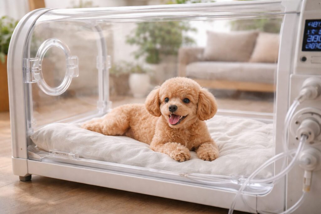 犬が酸素室の中でリラックスしている様子