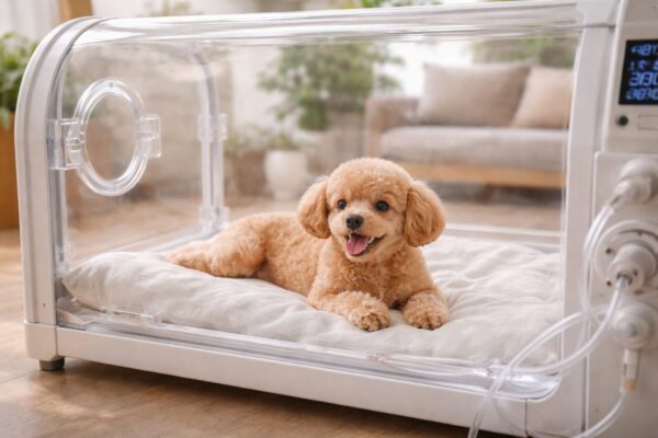 犬が酸素室の中でリラックスしている様子