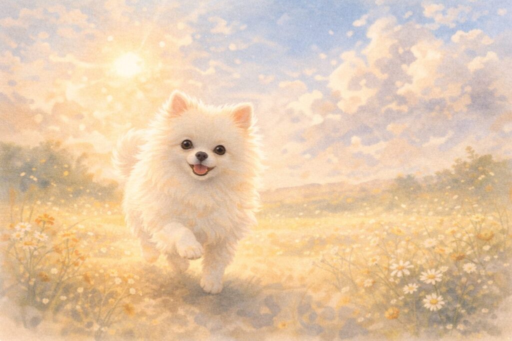 明るい草原を元気に走る犬の水彩イラスト