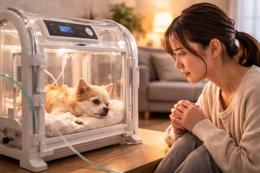 酸素室で呼吸をサポートされている犬の様子