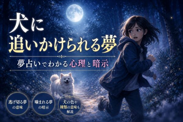 月夜の森で犬に追いかけられる夢をイメージした女性のイラスト