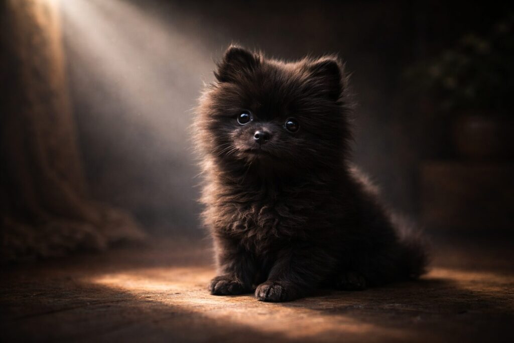 光の差し込む空間に座る黒い子犬のイメージ