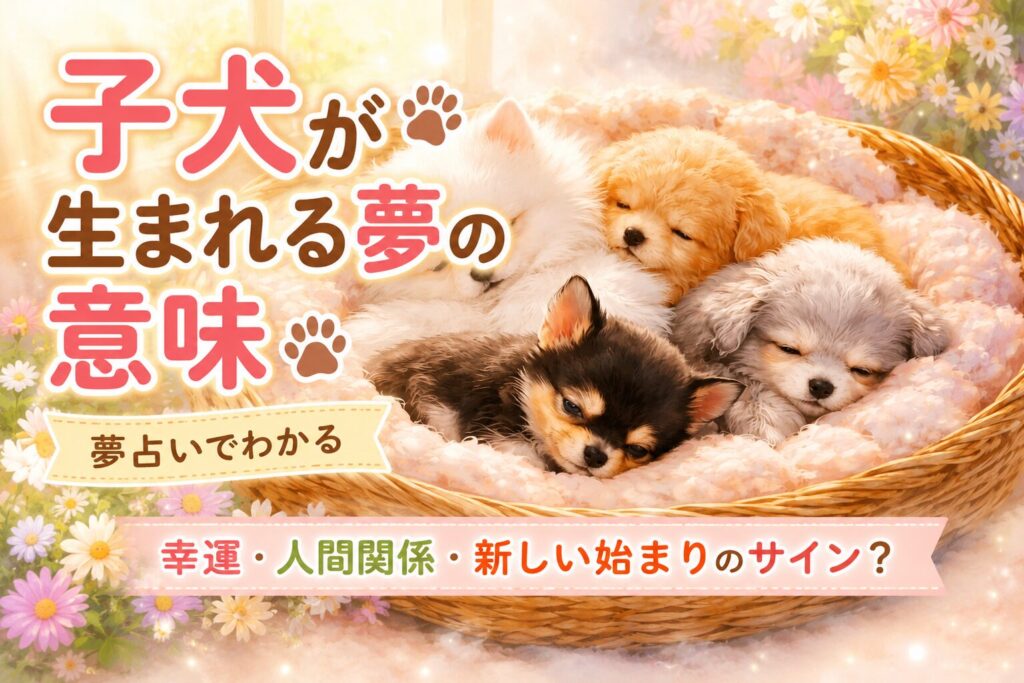 子犬が生まれる夢の意味をイメージした幻想的なアイキャッチ画像