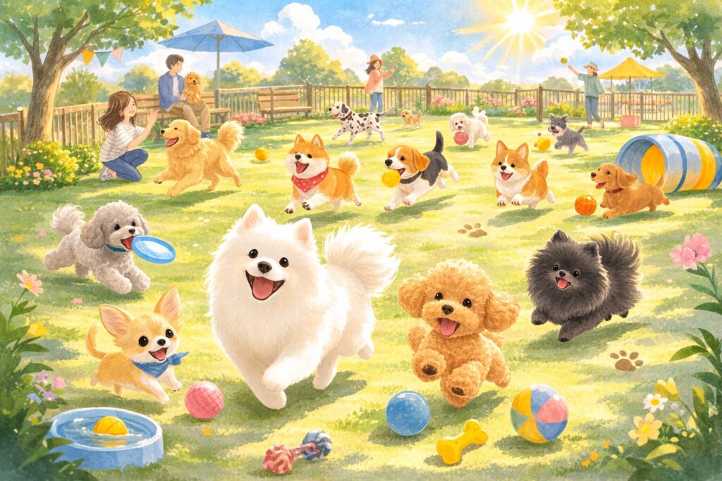 ドッグランでたくさんの犬が走り回るにぎやかなイメージ