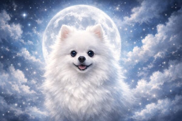 夢占いで白い犬が象徴する信頼や守護をイメージした神秘的な白い犬のイラスト