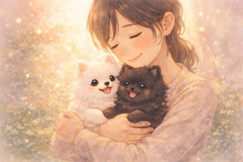 子犬を2匹優しく抱っこしている夢のイメージ（夢占い）