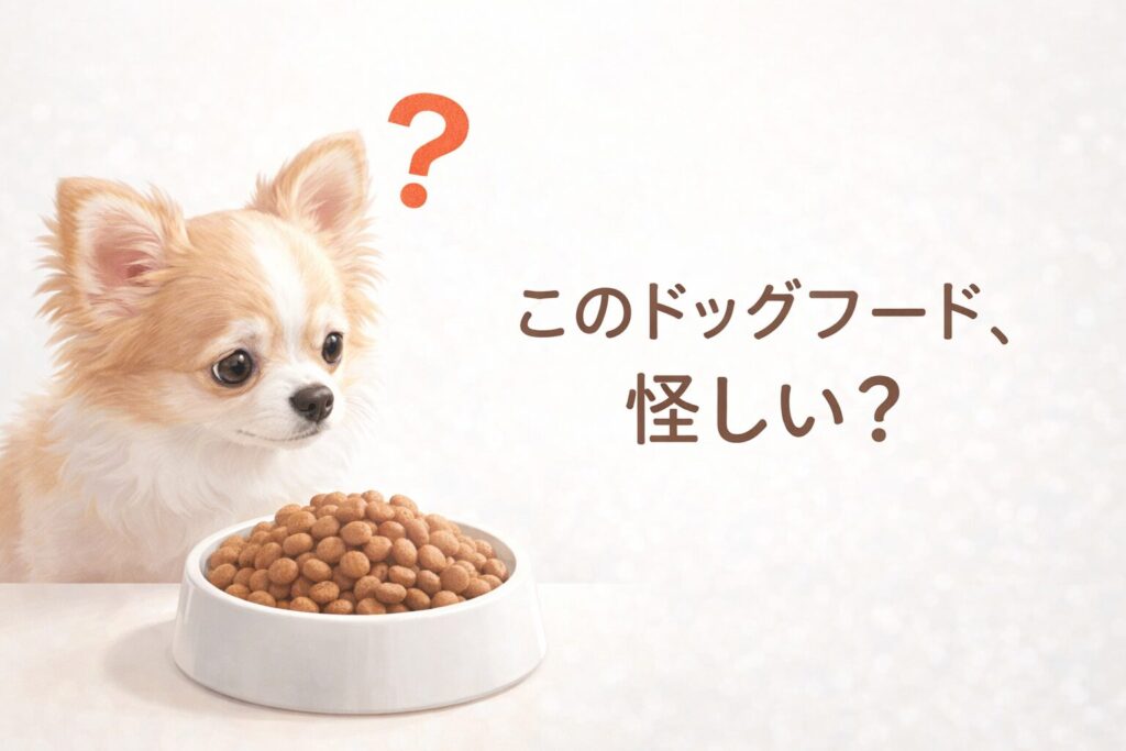 モグワンが怪しいと感じて悩む飼い主と犬のイメージ