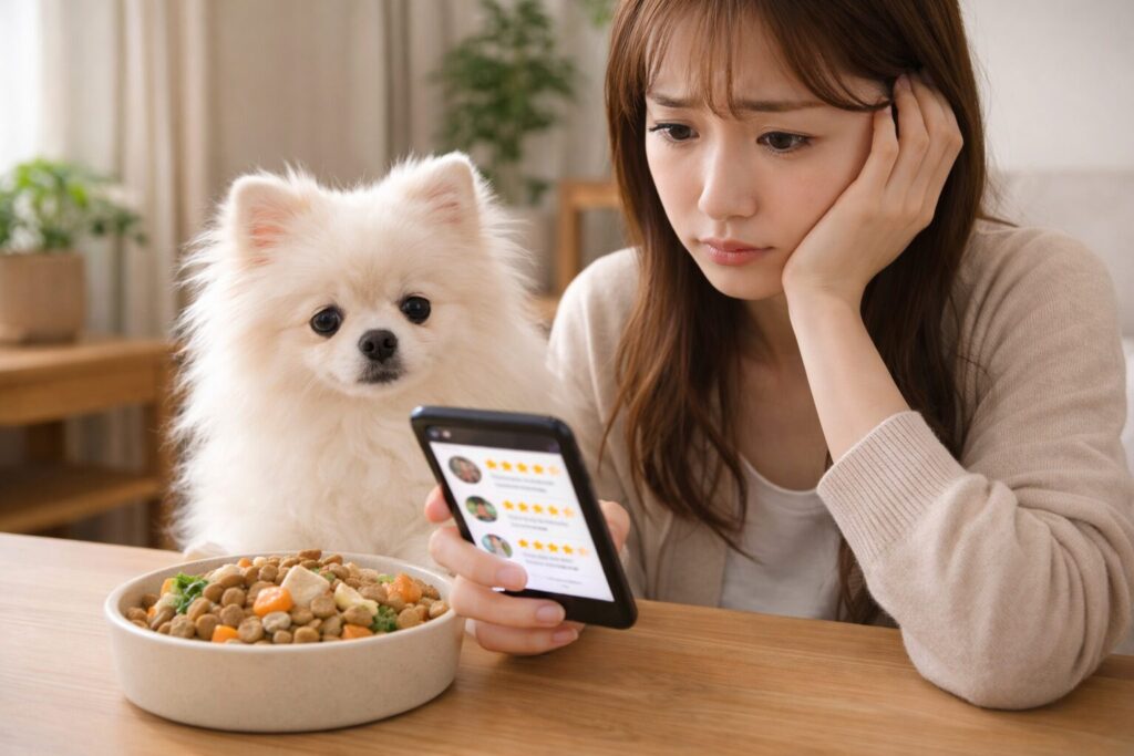 ドッグフードを見ながら悩む飼い主と犬の様子