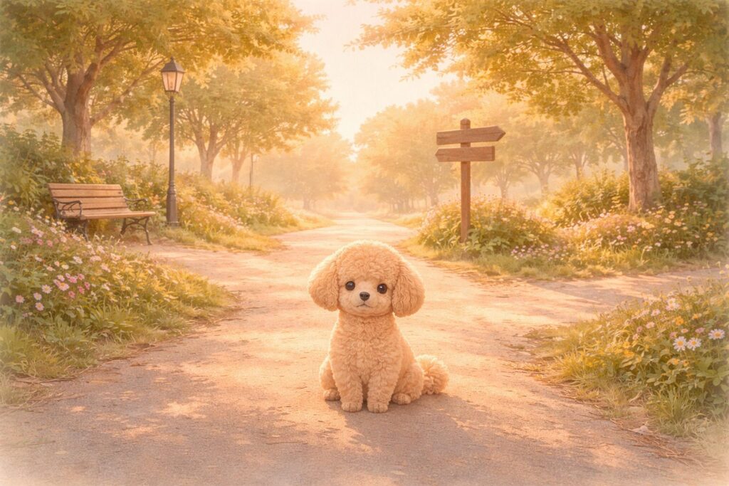 迷子の犬が分かれ道に座っている夢の象徴イメージ