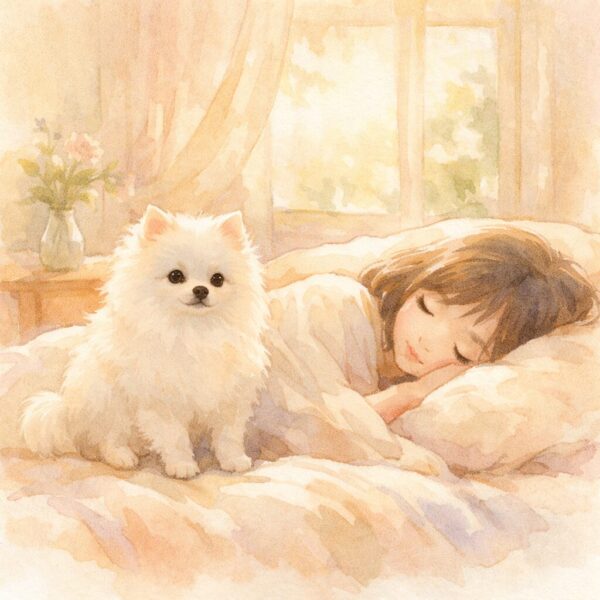 眠っている人のそばにやさしく寄り添う犬の水彩イラスト